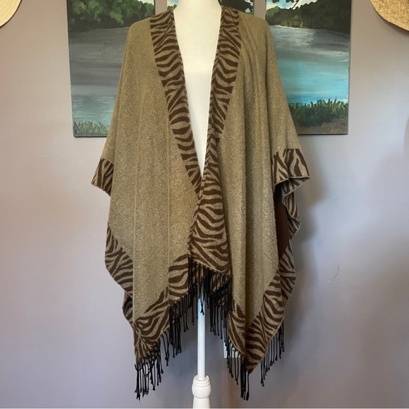 unbranded Accessories - Reversible Zebra Print Fringe Hem Longline Poncho